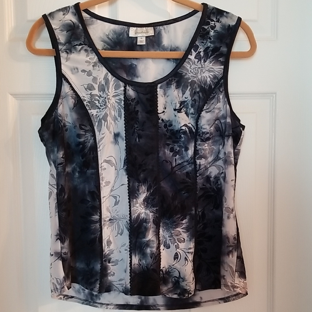 Elegant Floral Sleeveless Top - Navy and White